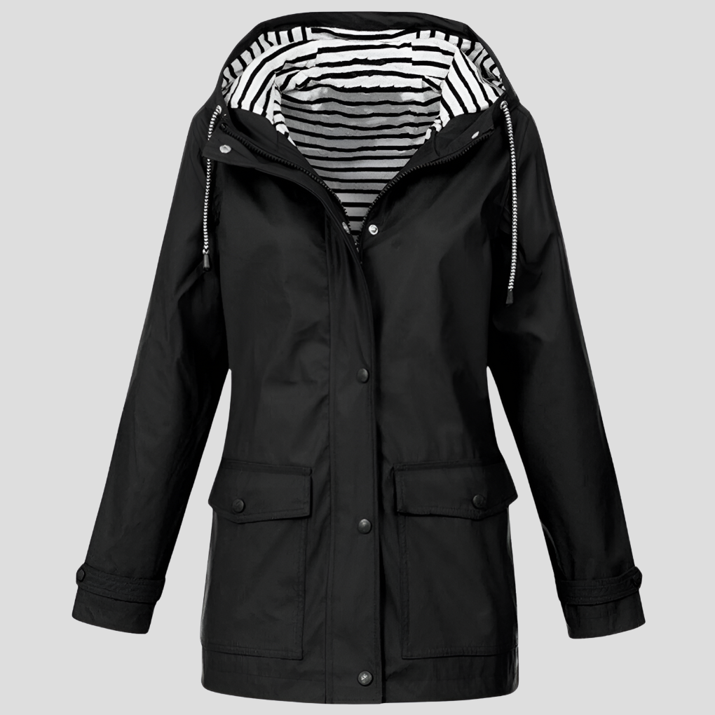 Stylish women's waterproof hooded rain jacket for spring & fall. Casual, lightweight design with front pockets.