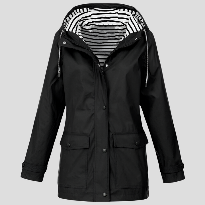 Stylish women's waterproof hooded rain jacket for spring & fall. Casual, lightweight design with front pockets.