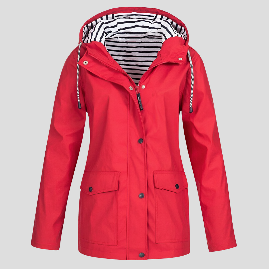 Women's hooded waterproof rain jacket featuring convenient front pockets. Stylish, lightweight design for women.