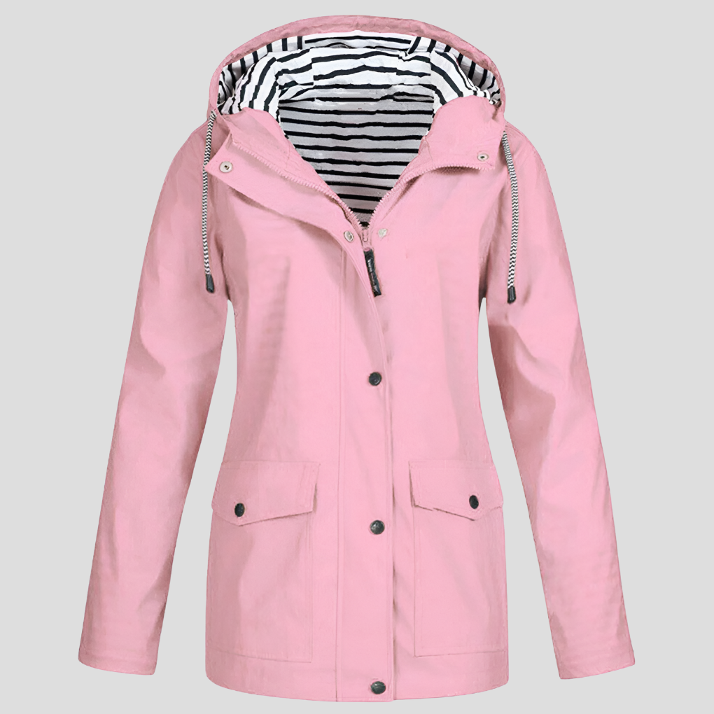 Everyday women's hooded waterproof jacket for spring, fall & mild winter. Lightweight rain protection for outdoors.