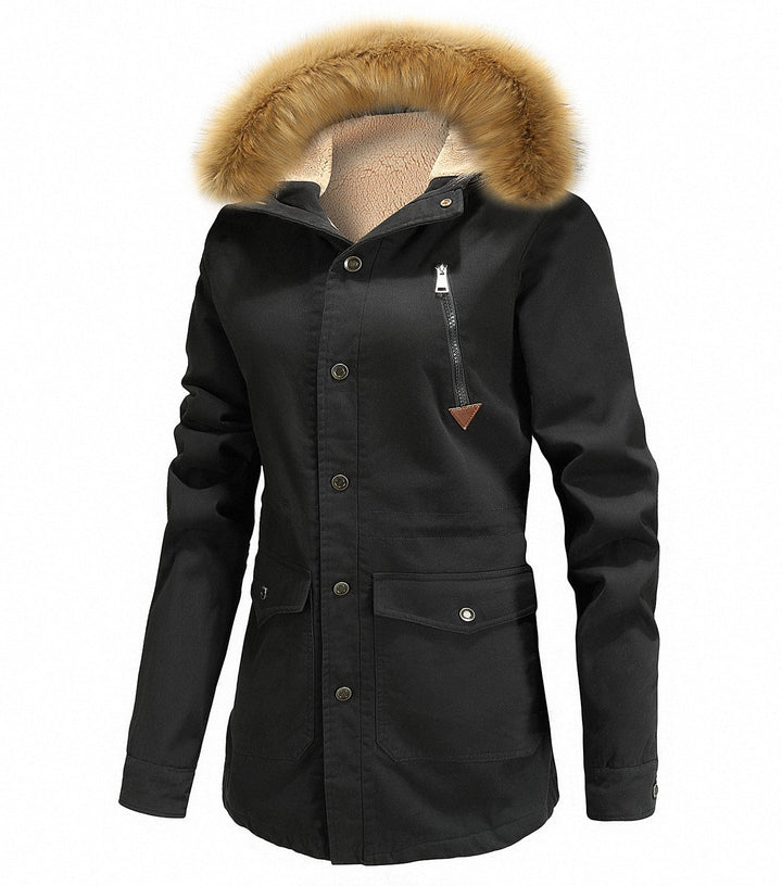 Water-resistant women's outerwear, hooded parka for cold winter weather
