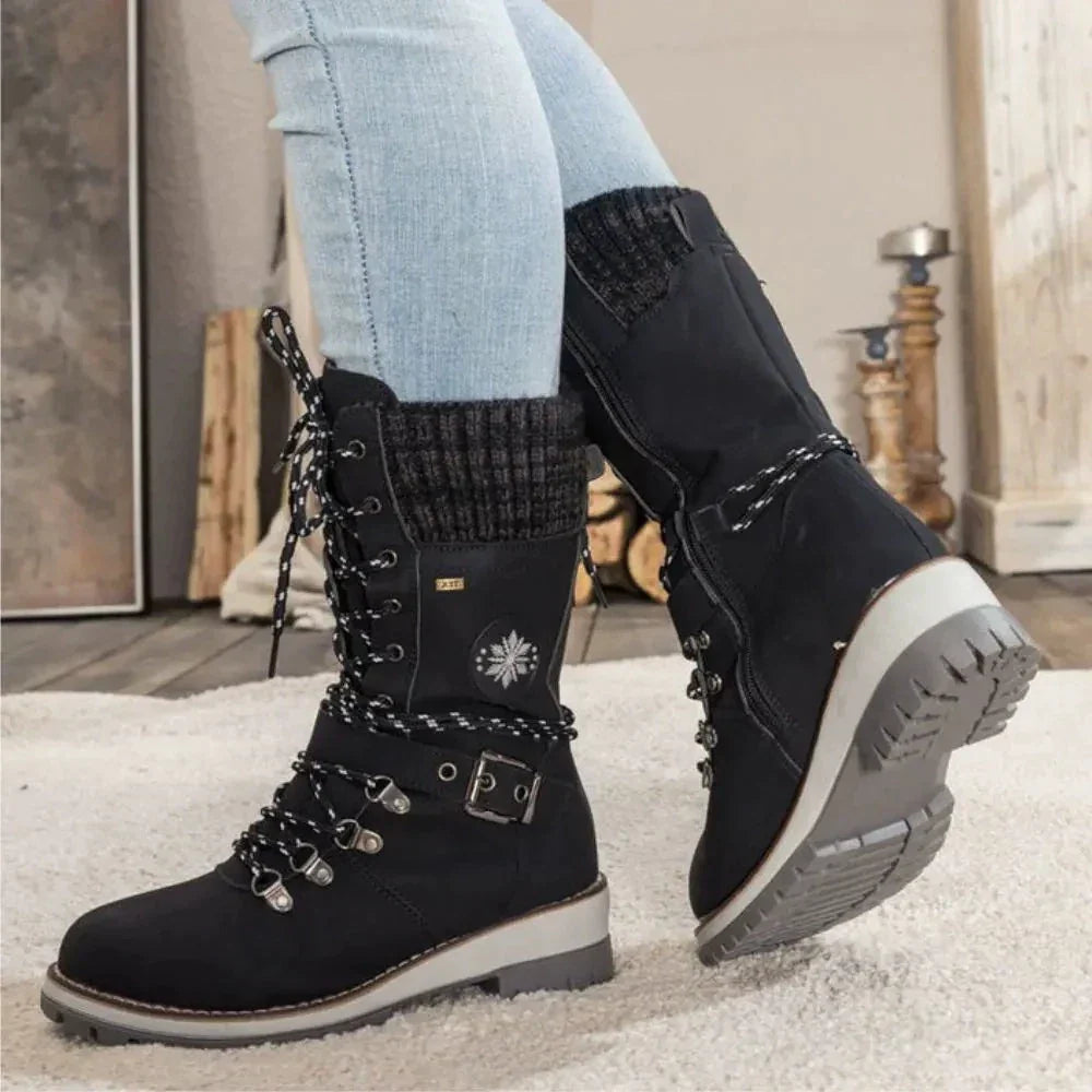 Detailed shot of women's insulated snow boots, waterproof fabric, sturdy D-rings
