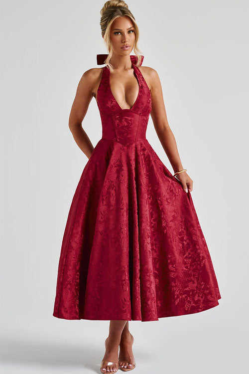 Sophisticated women's jacquard A-line tea-length dress, ideal for prom, with elegant halterneck.