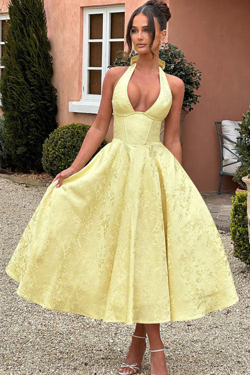 Elegant tea-length jacquard halterneck dress for women, ideal for prom & special occasions.
