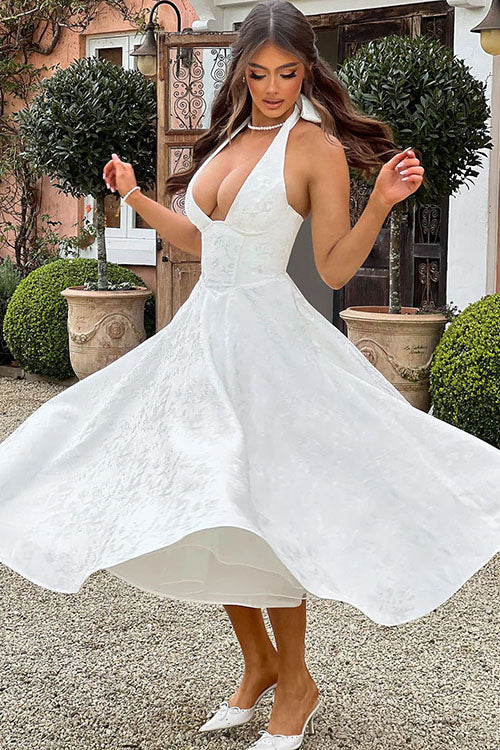 Halterneck tea-length cocktail dress for women, luxurious jacquard fabric & A-line design.