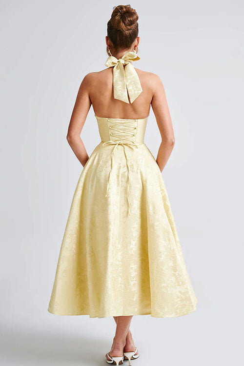 Beautiful women's tea-length jacquard dress, A-line cut, with an elegant halterneck for events.