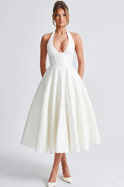 Elegant jacquard halterneck tea-length A-line dress for women, perfect for homecoming.