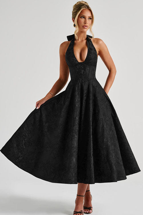 Halterneck tea-length homecoming dress for women, featuring luxurious jacquard fabric & A-line.
