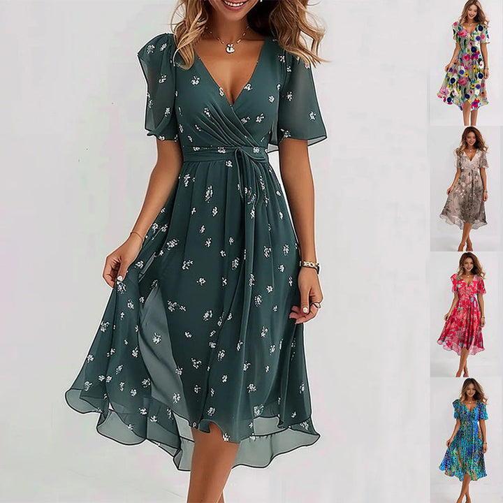 Unique Juniper vibrant abstract print midi dress, effortlessly stylish for any special occasion.