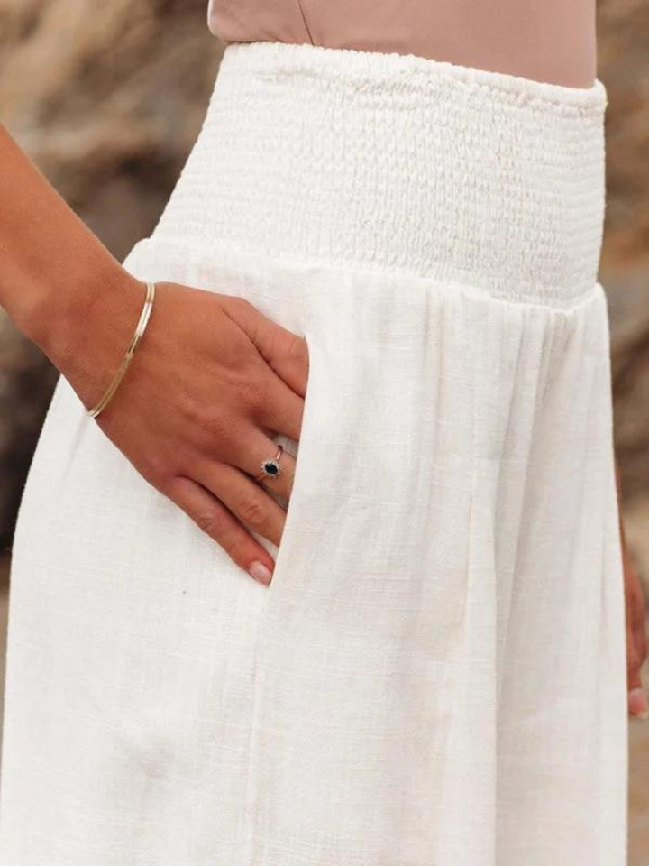 Comfy Kaia wide leg summer pants for women, flowing and relaxed, great as casual beach trousers or resort wear.