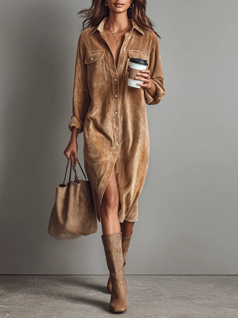 Women's Khaki Button-Down Midi Dress with Pockets, perfect for transitional weather & fall fashion.