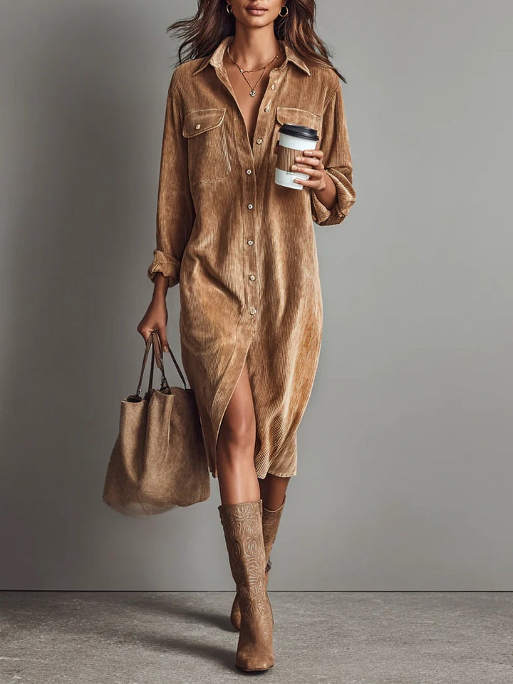 Women's Khaki Button-Down Midi Dress with Pockets, perfect for transitional weather & fall fashion.