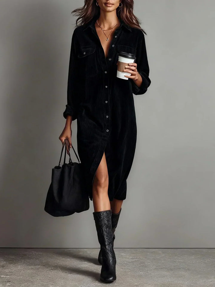 Elegant Black Long Sleeve Button-Down Midi Dress with Pockets. Versatile casual dress for fall fashion.