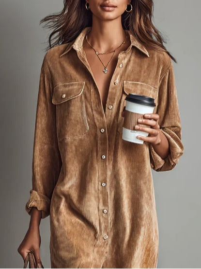 Close-up of Women's Khaki Button-Down Midi Dress showcasing functional front pockets and collar details.