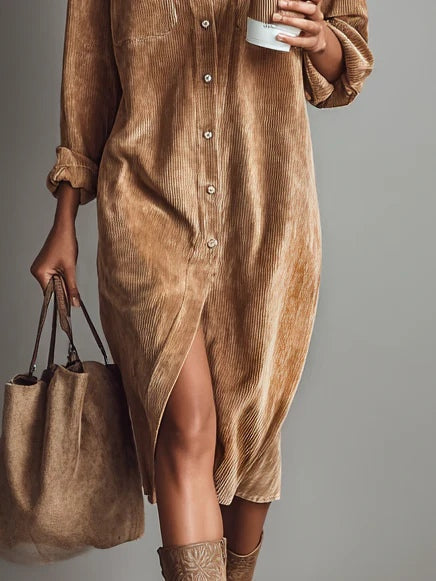 Model wearing a relaxed fit Button-Down Midi Dress in Khaki, ideal as a casual long sleeve shirt dress.