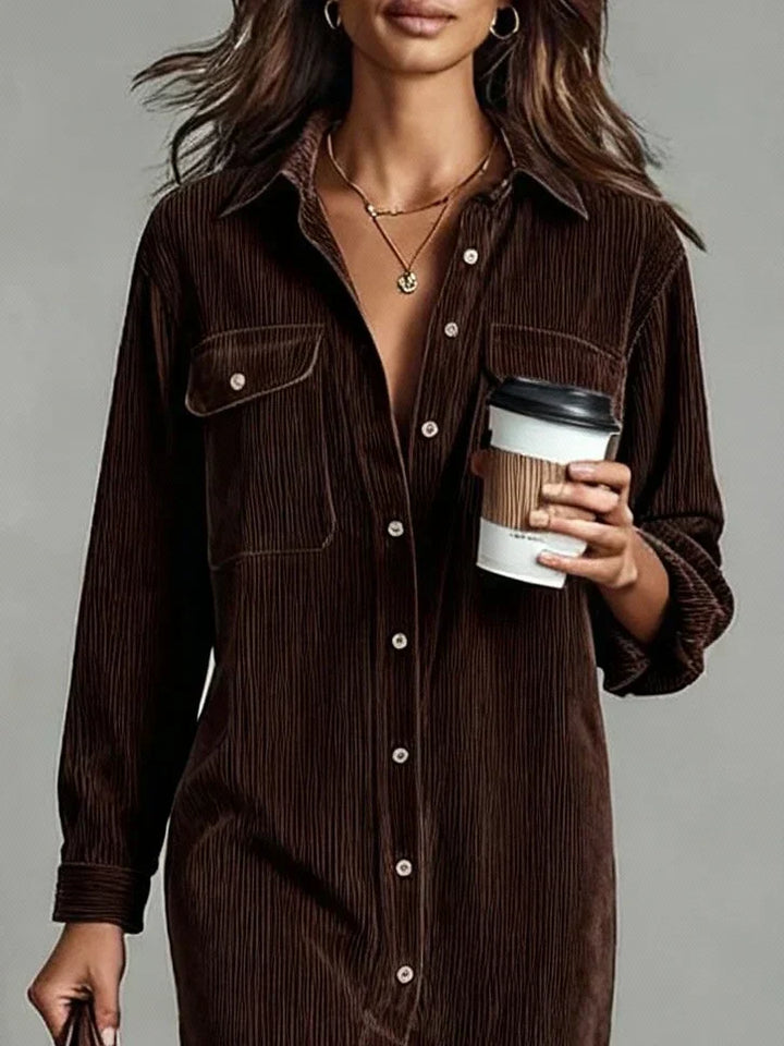 Fall fashion essential: Women's Button-Down Midi Dress in Brown, with long sleeves & convenient pockets.