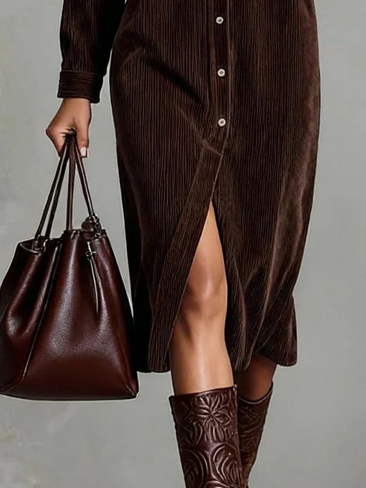 Versatile Black Button-Down Midi Dress, perfect for women's transitional weather outfits & casual wear.