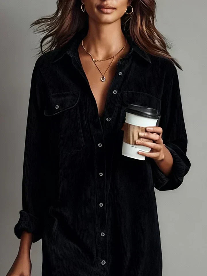 Chic Khaki Long Sleeve Button-Down Midi Dress with a relaxed fit & practical side pockets for everyday style.