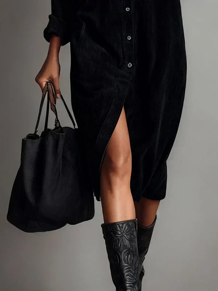 Women's Brown Button-Down Midi Shirt Dress, featuring a button-front closure & stylish silhouette for fall.