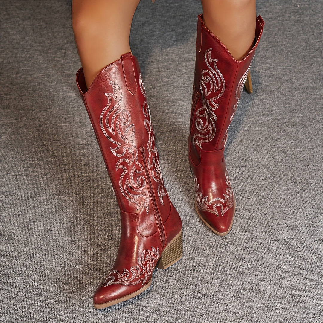 Chic knee-high block heel boots, women's fashion footwear with a western touch.