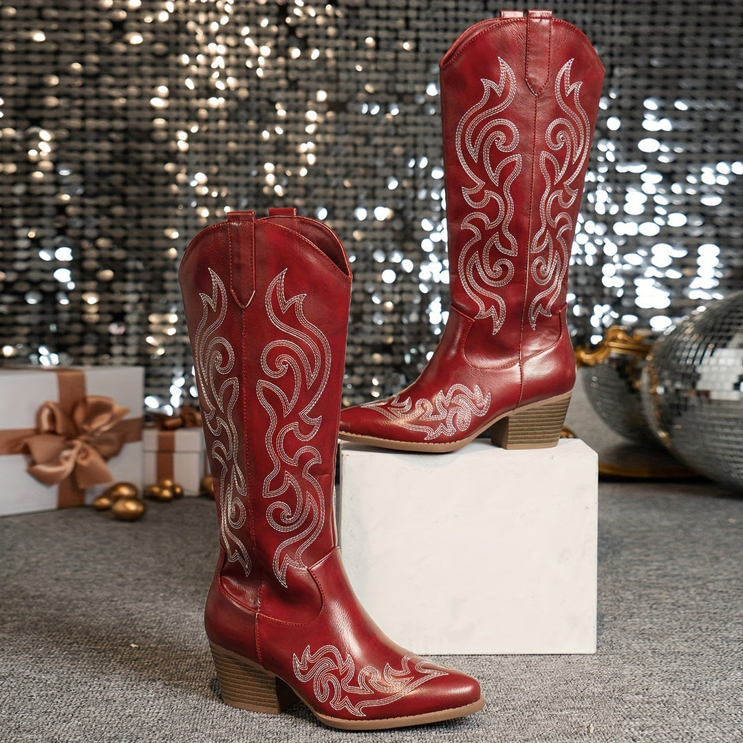 Women's knee-high riding boots, cowboy style with comfortable block heel.