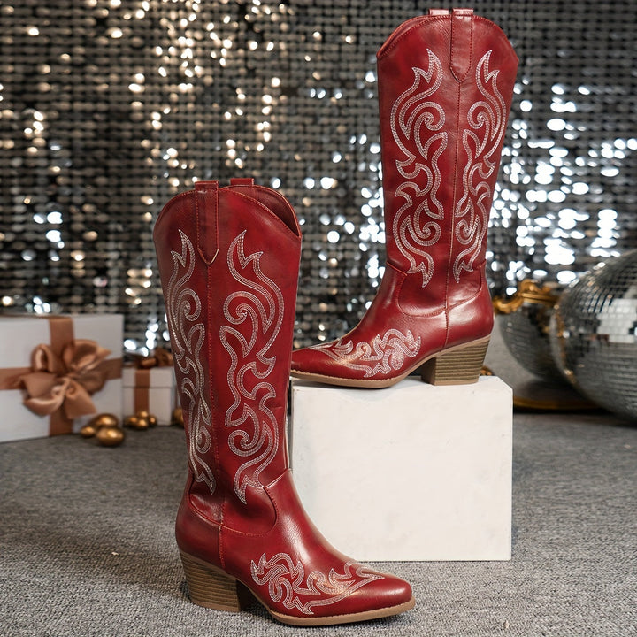 Women's knee-high riding boots, cowboy style with comfortable block heel.