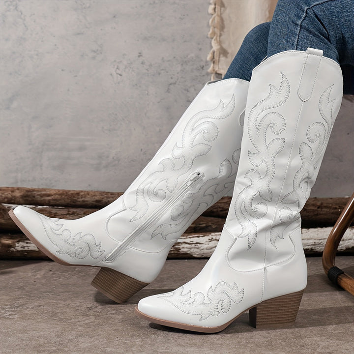 Embroidered knee-high western boots, women's pointed toe & stylish block heel.