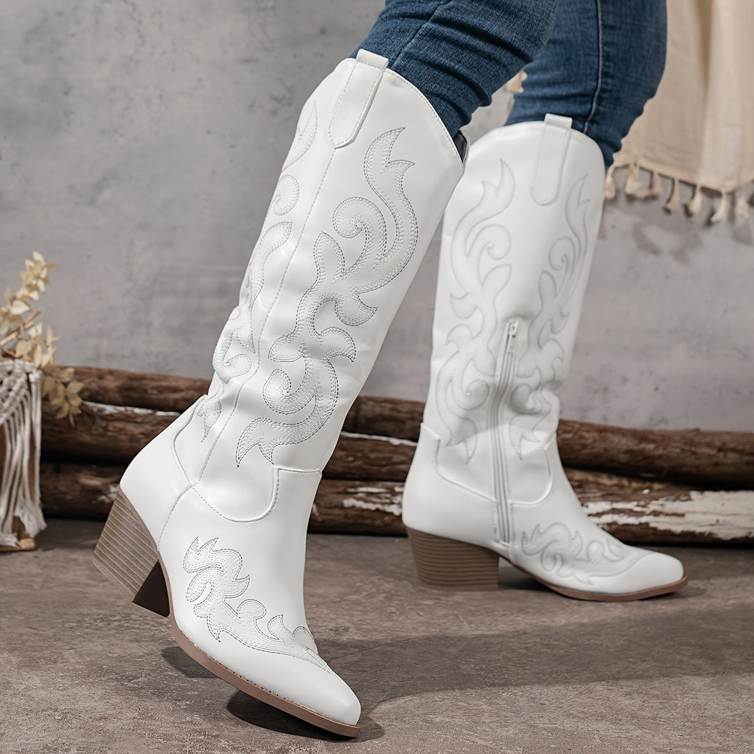 Women's embroidered cowboy boots, knee-high and featuring a comfortable block heel.