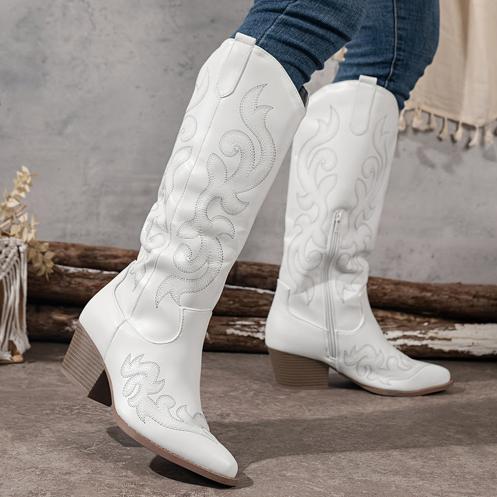 Women's embroidered cowboy boots, knee-high and featuring a comfortable block heel.