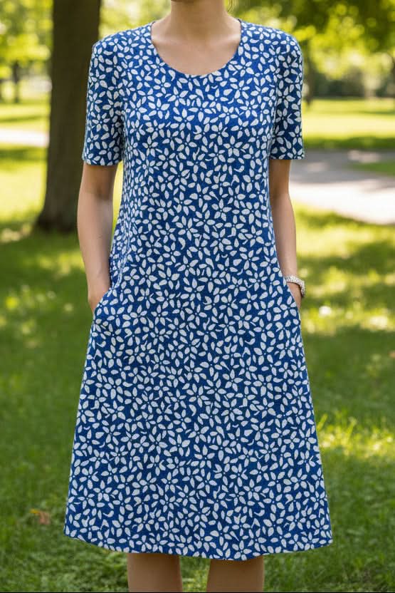 Women's patterned knee-length casual dress. Everyday A-line style, easy pullover for summer.