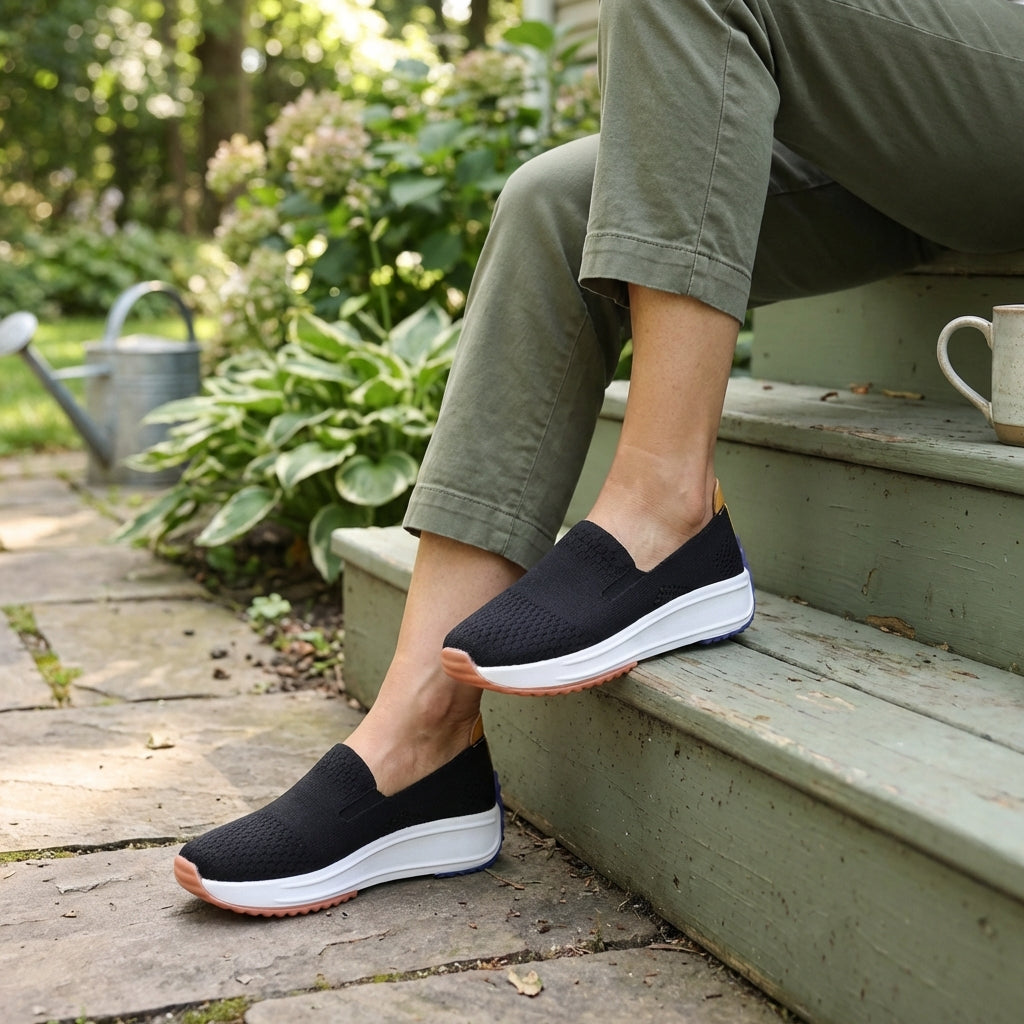 Stylish women's slip-on knit platform sneakers, perfect for casual wear & easy on-off. Orthopedic comfort.