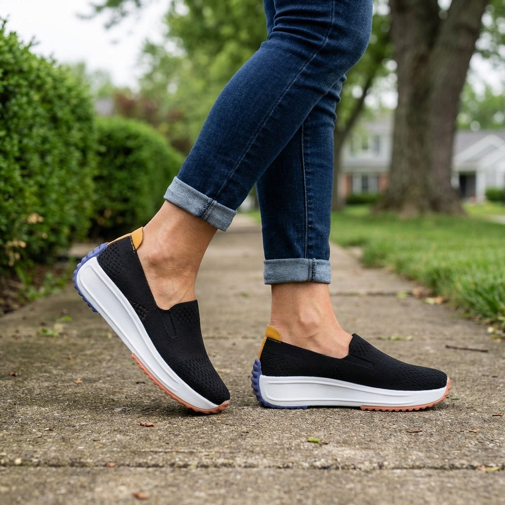 Supportive women's orthopedic slip-on sneakers with a flexible knit design & platform sole for walking comfort.