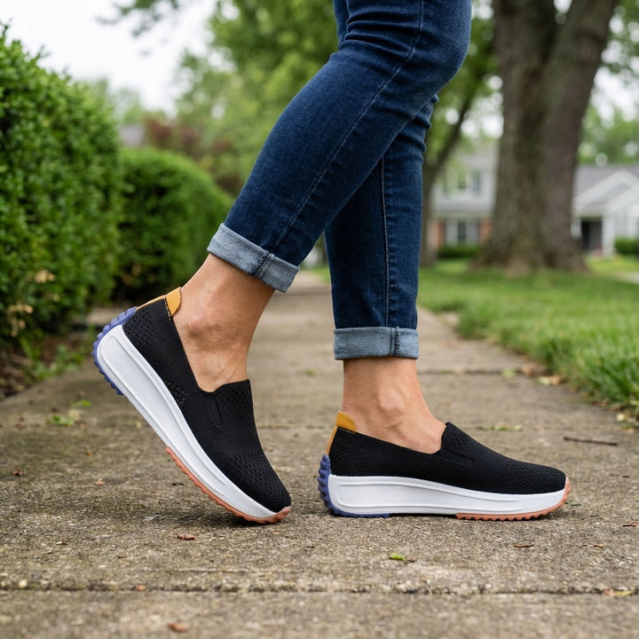 Supportive women's orthopedic slip-on sneakers with a flexible knit design & platform sole for walking comfort.
