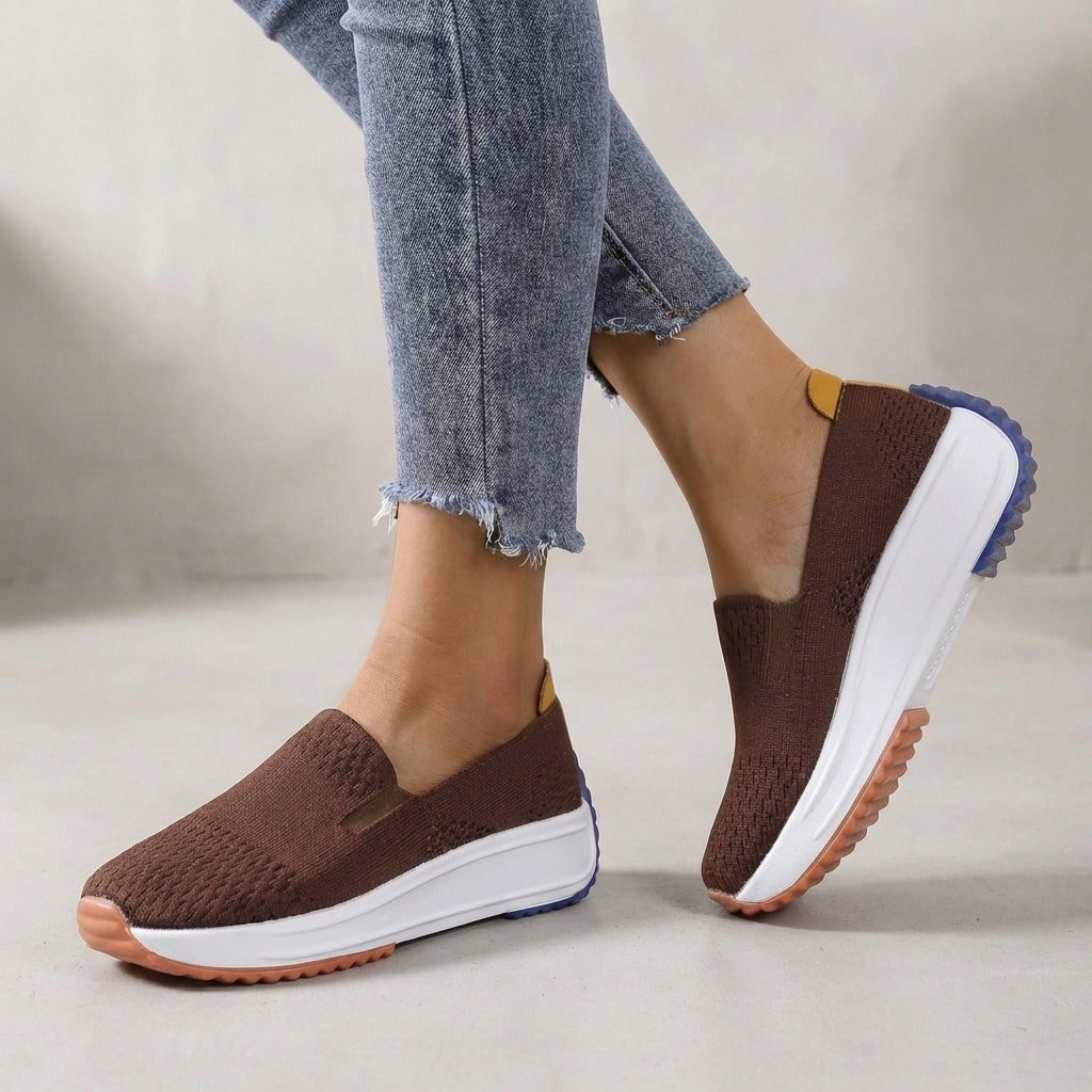 Lightweight knit slip-on platform sneakers for women. Orthopedic design ensures all-day walking comfort & support.