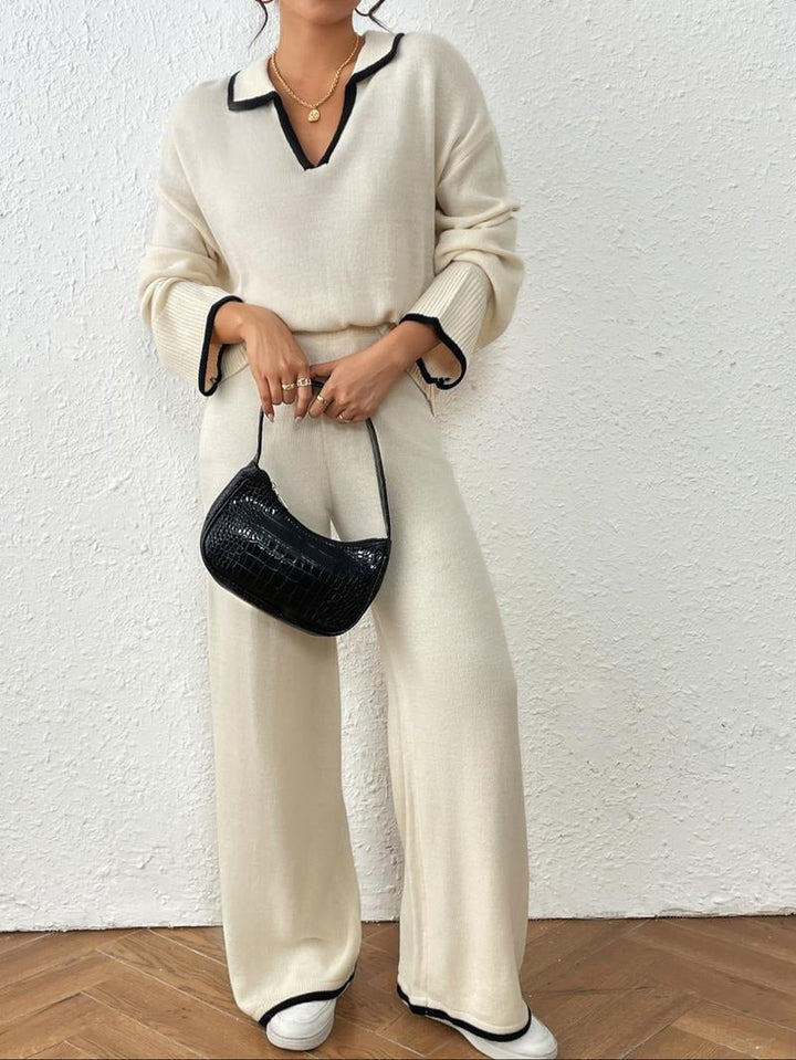 Stylish women's knit two-piece lounge set with a wide-leg pant, ideal for relaxing