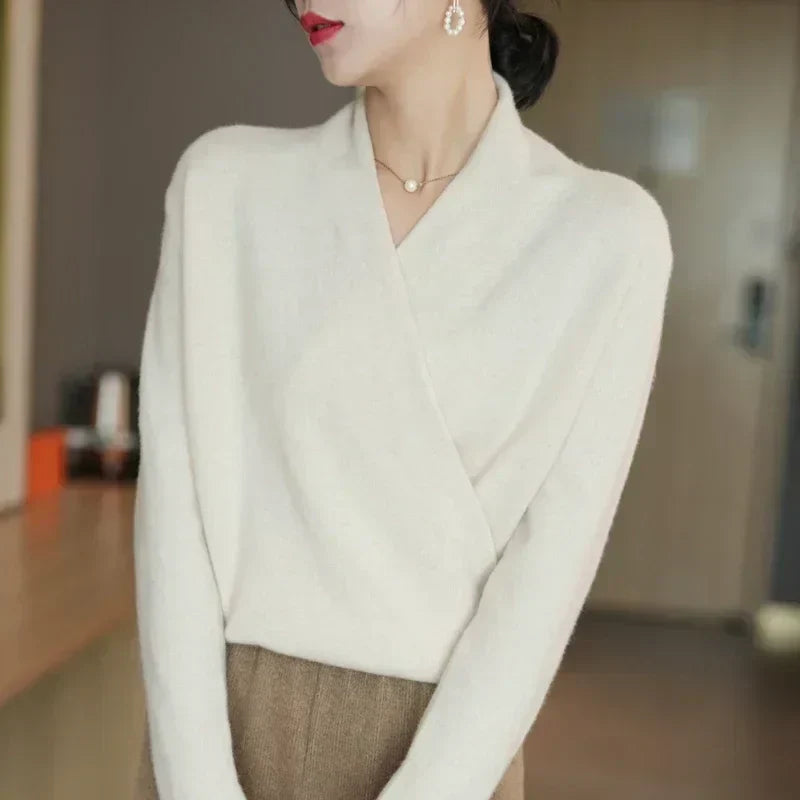 Women's Knit Wrap Neck Spring Top, long sleeve, elegant & lightweight for casual wear