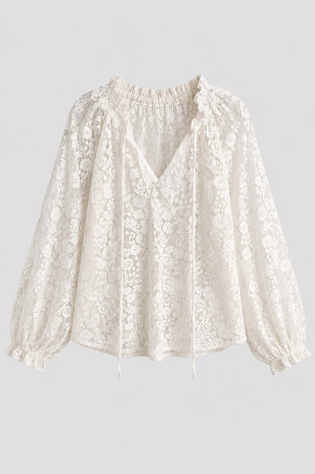 Elegant pink women's lace top with a stylish tied neckline and long sleeves, loose fit.