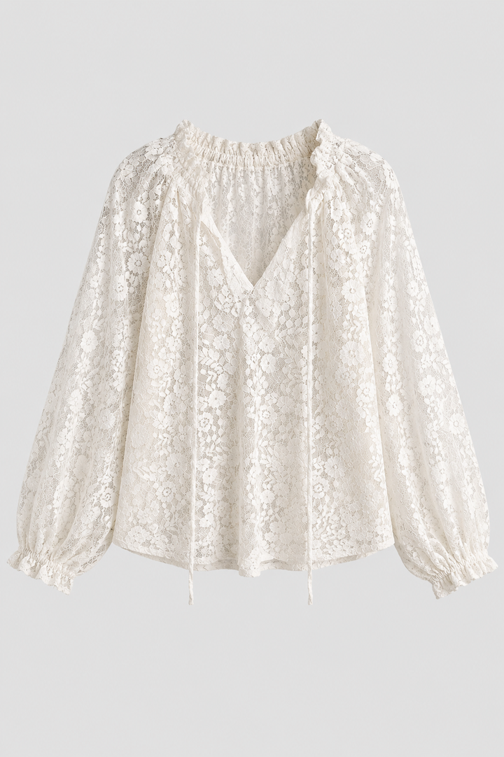 Elegant pink women's lace top with a stylish tied neckline and long sleeves, loose fit.