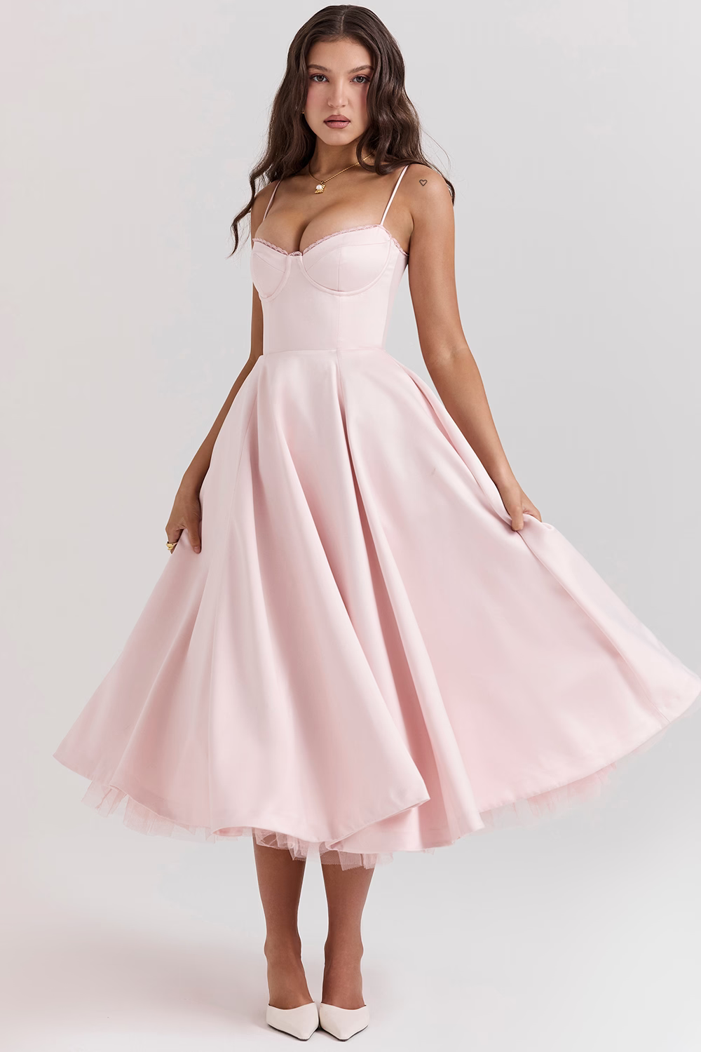 Comfortable women's midi dress for parties, featuring a corset bodice, lace trim, and essential pockets. Flattering fit.