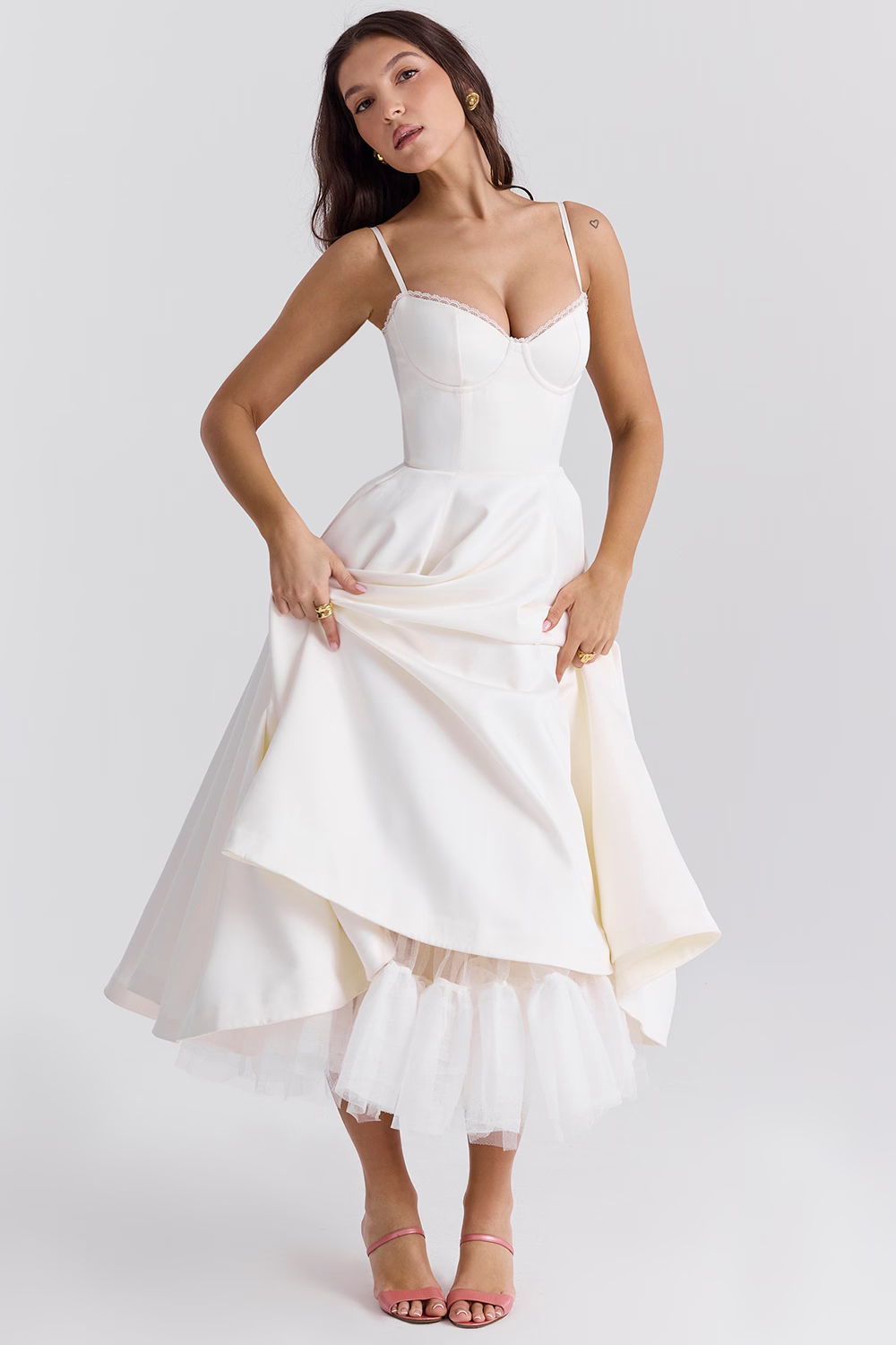 Women's midi dress featuring a lace-trim corset bodice, sweetheart neckline, and functional pockets. Perfect for parties.