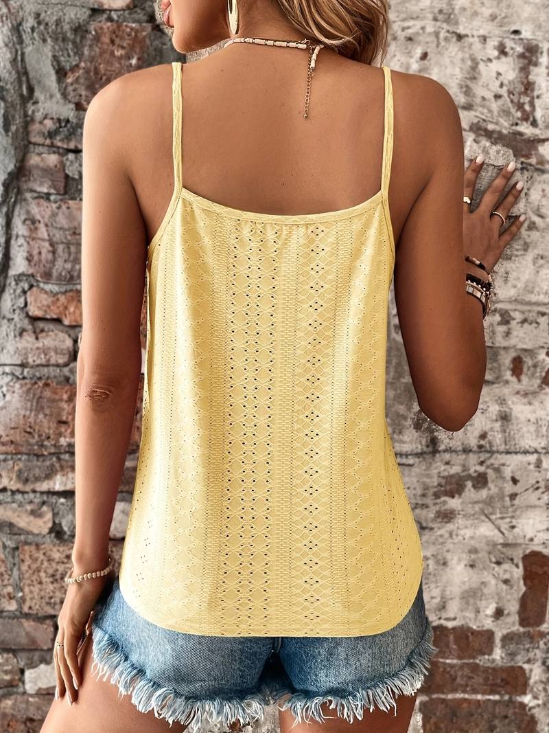 Adjustable strap v-neck cami top with exquisite lace trim for a custom, relaxed fit.