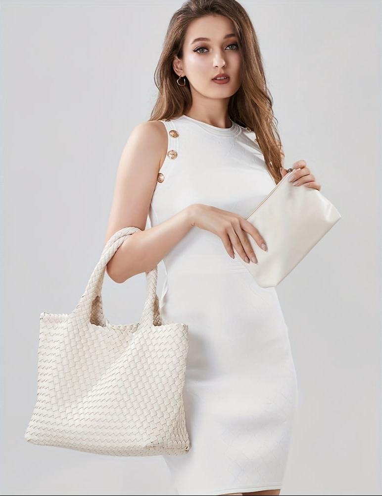 Women's large woven daily tote bag, spacious & stylish shoulder carry for a chic everyday look.