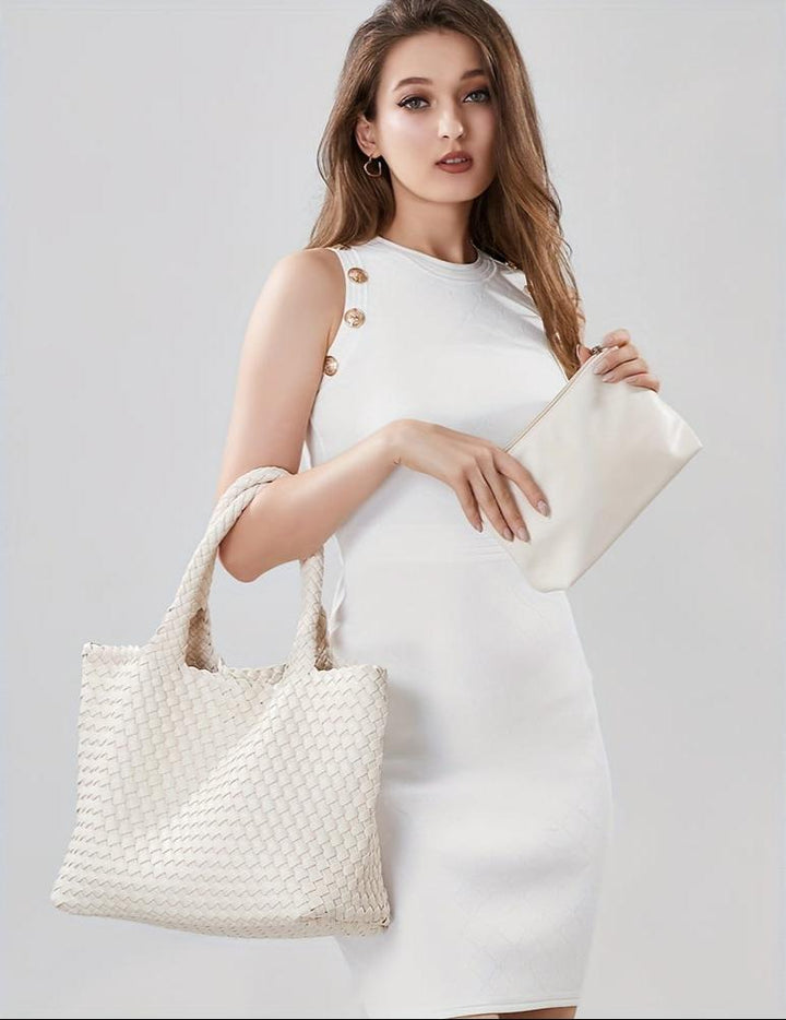 Women's large woven daily tote bag, spacious & stylish shoulder carry for a chic everyday look.