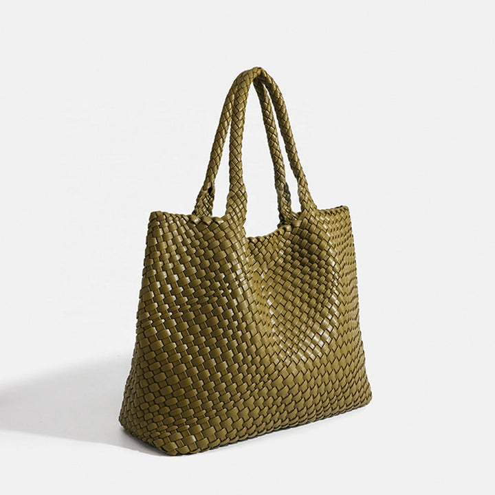 Stylish women's large woven tote bag, spacious for all essentials, perfect shoulder carry for work.