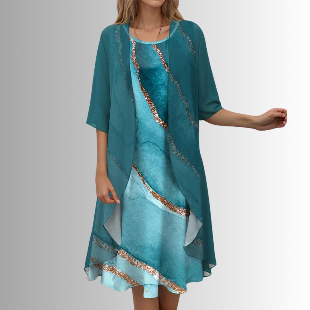 Elegant women's layered midi dress, open front with print, 3/4 sleeves, round neck, ideal for casual fashion.