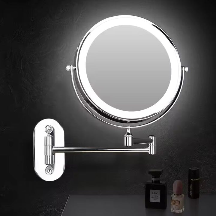 Close-up of 3X magnifying LED makeup mirror, showing facial detail for precision beauty.
