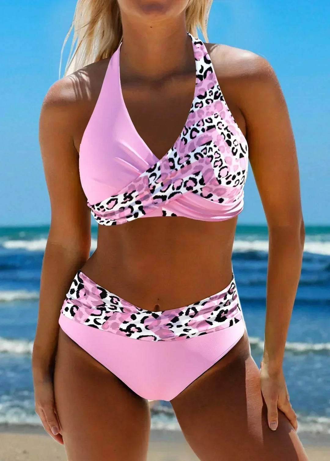 Textured leopard print halter high waist bikini for women. Chic two-piece swimwear, perfect for summer.