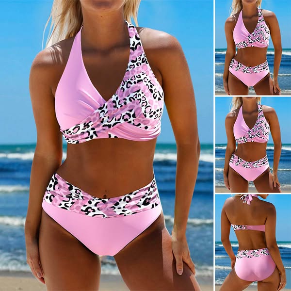 Fashionable women's leopard print high waist bikini. Halter neck top & flattering bottoms for beach & pool.