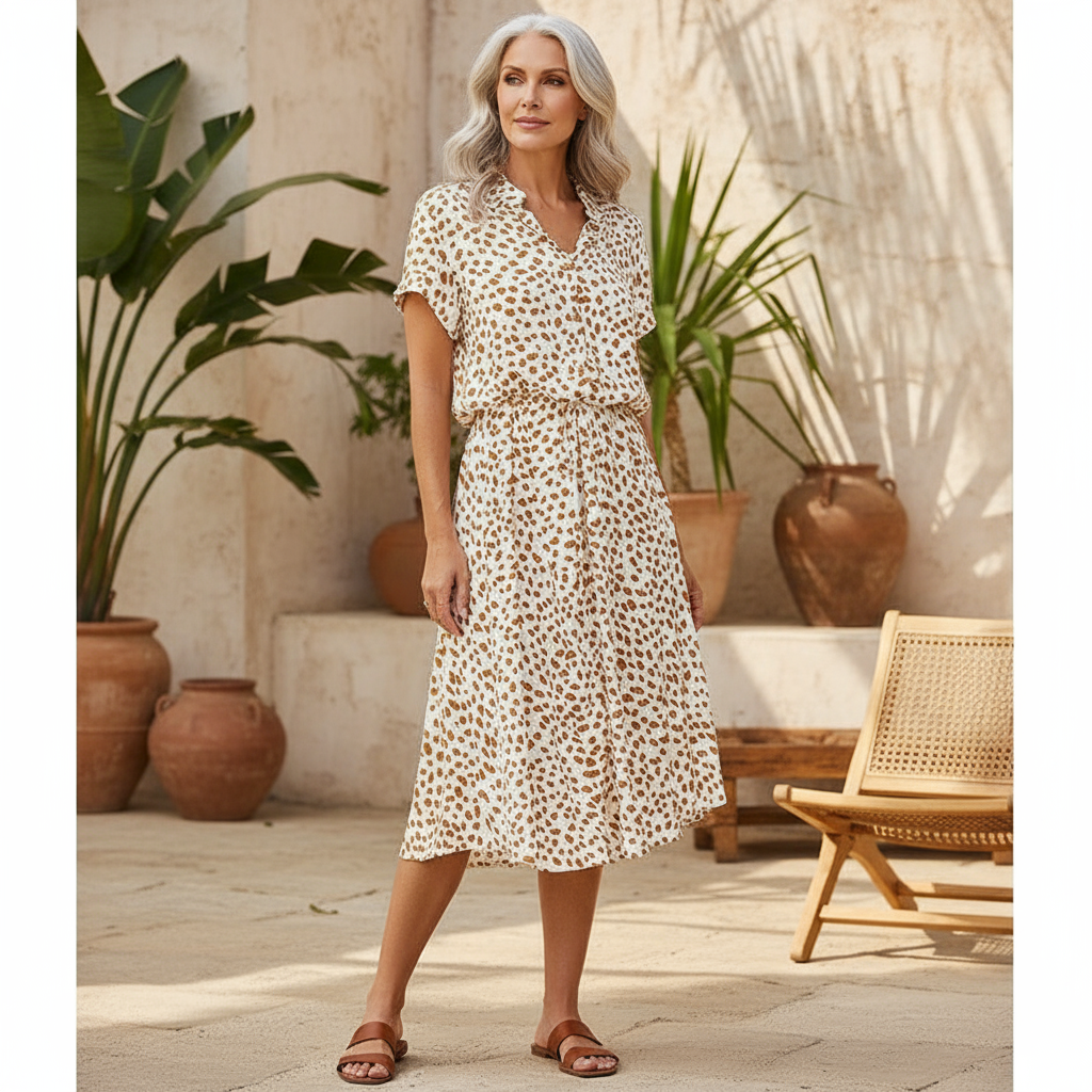 Women's leopard print midi shirt dress with belt, perfect for casual summer wear.