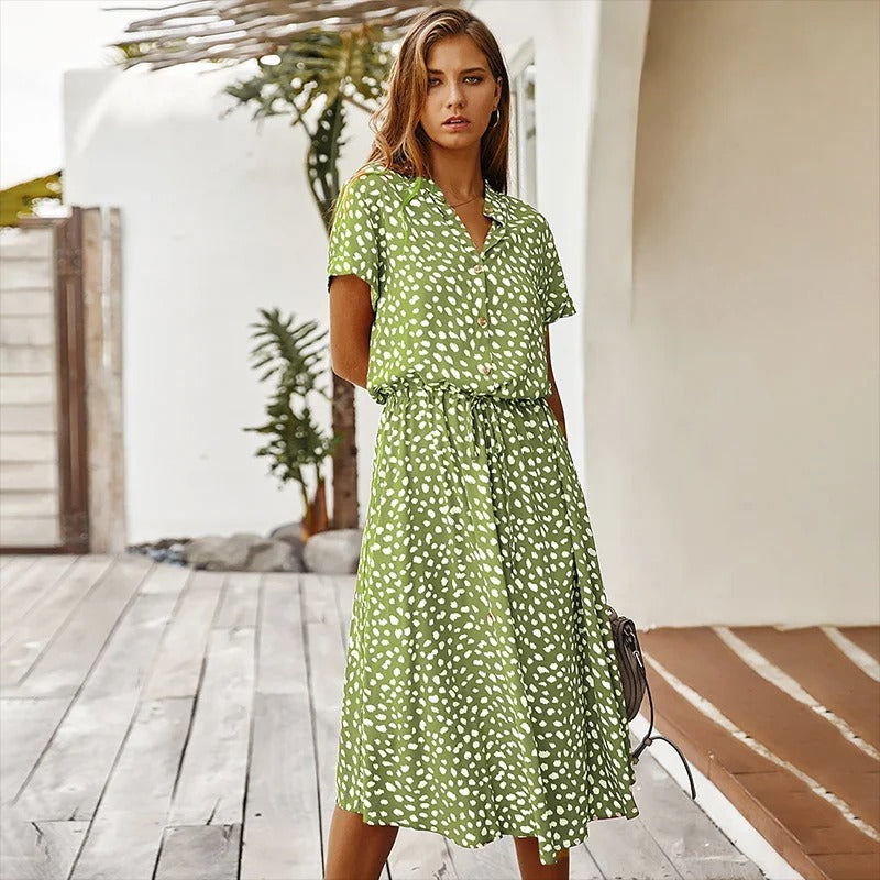 Stylish women's leopard print belted midi dress, a comfortable button-down shirt dress for summer.